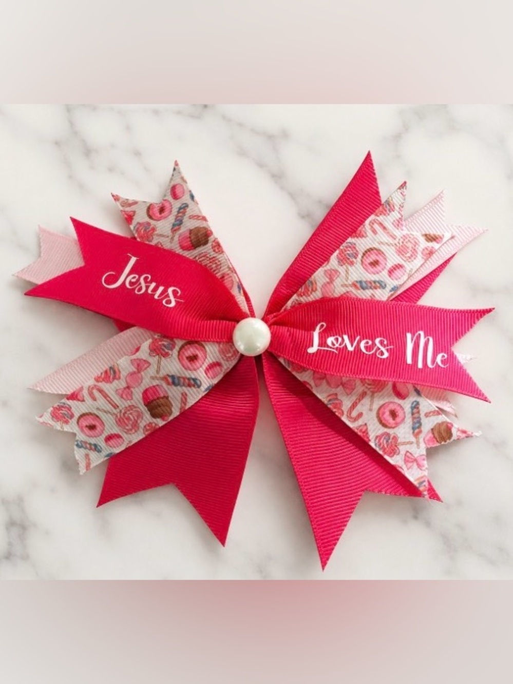Pink 'Jesus Loves Me' Layered Kids Hair Bow
